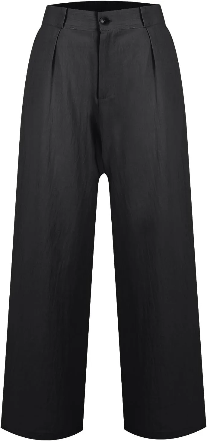 Wide Leg Linen Pants for Women Dressy Button Down High Waisted Palazzo Pants Summer Work Trousers Slacks with Pockets