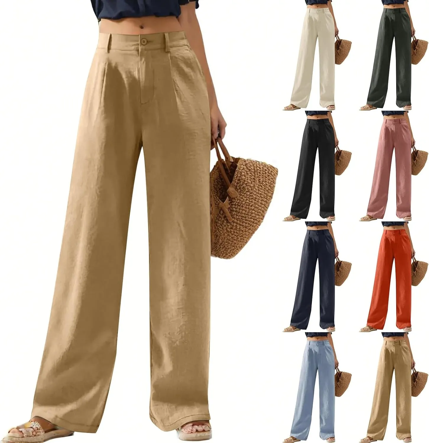 Wide Leg Linen Pants for Women Dressy Button Down High Waisted Palazzo Pants Summer Work Trousers Slacks with Pockets