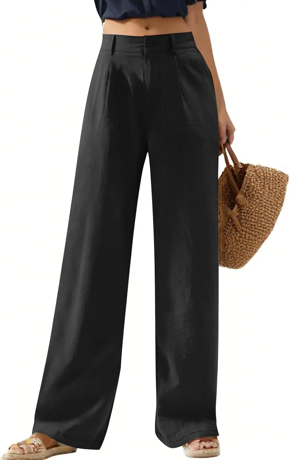 Wide Leg Linen Pants for Women Dressy Button Down High Waisted Palazzo Pants Summer Work Trousers Slacks with Pockets