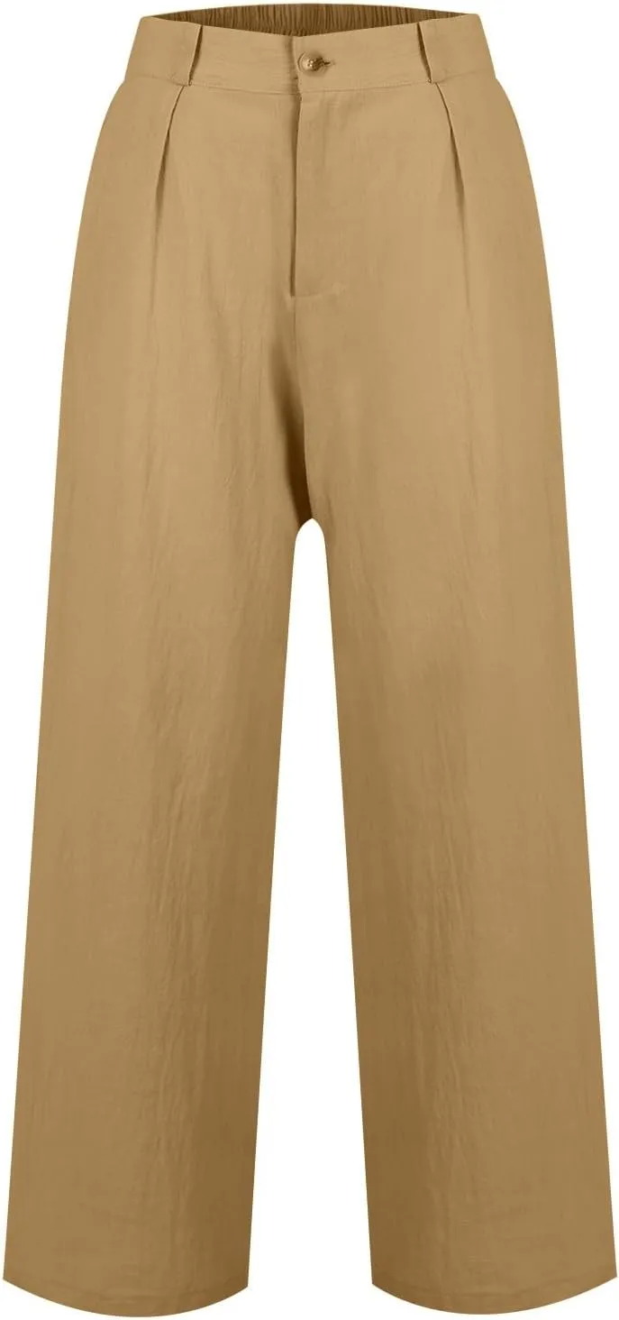 Wide Leg Linen Pants for Women Dressy Button Down High Waisted Palazzo Pants Summer Work Trousers Slacks with Pockets