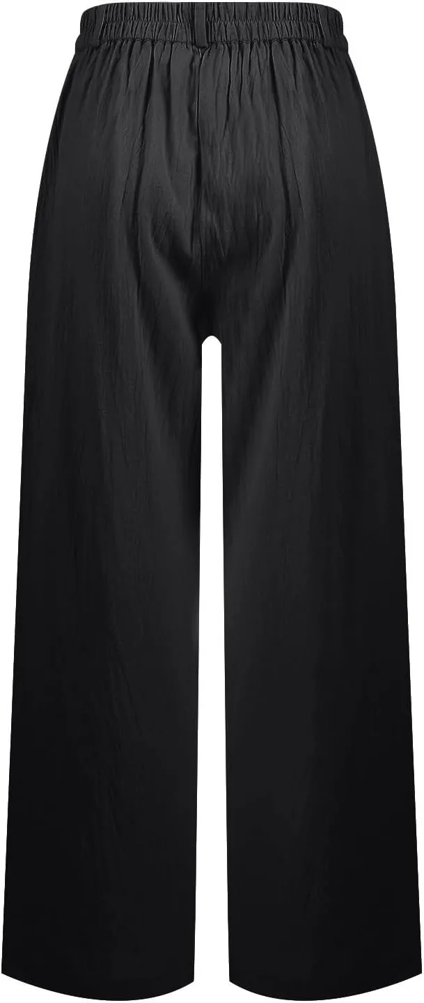 Wide Leg Linen Pants for Women Dressy Button Down High Waisted Palazzo Pants Summer Work Trousers Slacks with Pockets