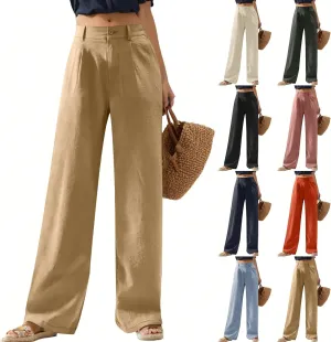 Wide Leg Linen Pants for Women Dressy Button Down High Waisted Palazzo Pants Summer Work Trousers Slacks with Pockets