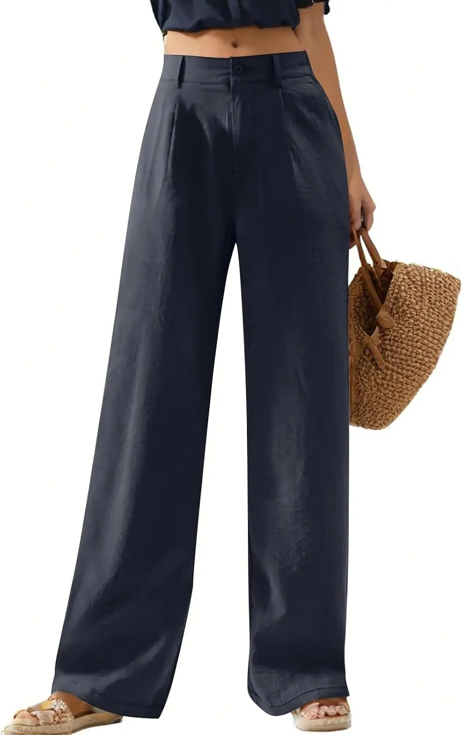 Wide Leg Linen Pants for Women Dressy Button Down High Waisted Palazzo Pants Summer Work Trousers Slacks with Pockets