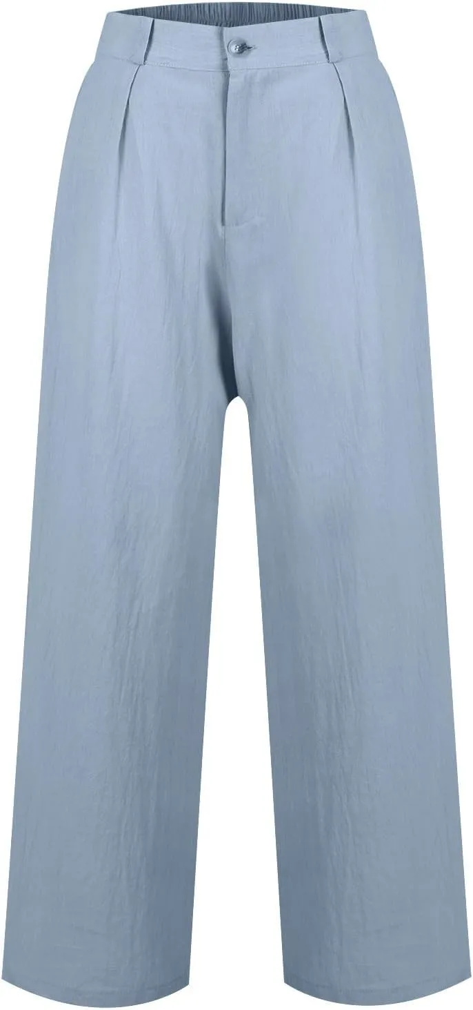 Wide Leg Linen Pants for Women Dressy Button Down High Waisted Palazzo Pants Summer Work Trousers Slacks with Pockets