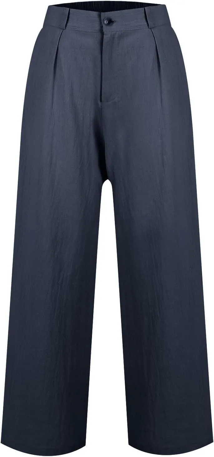 Wide Leg Linen Pants for Women Dressy Button Down High Waisted Palazzo Pants Summer Work Trousers Slacks with Pockets