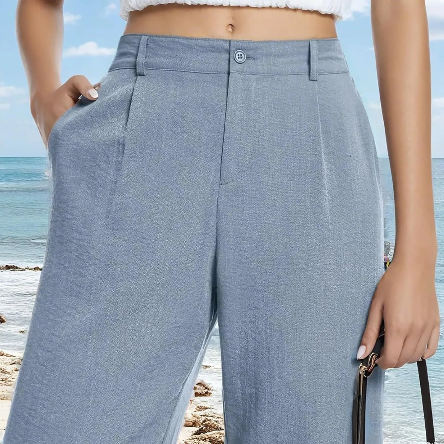 Wide Leg Linen Pants for Women Dressy Button Down High Waisted Palazzo Pants Summer Work Trousers Slacks with Pockets