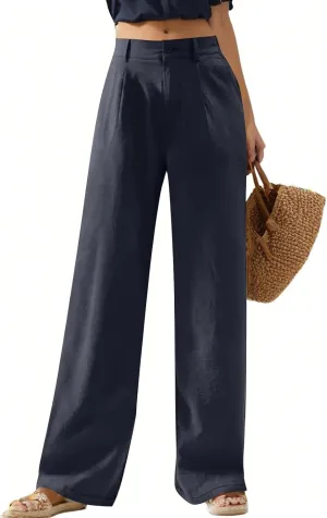 Wide Leg Linen Pants for Women Dressy Button Down High Waisted Palazzo Pants Summer Work Trousers Slacks with Pockets