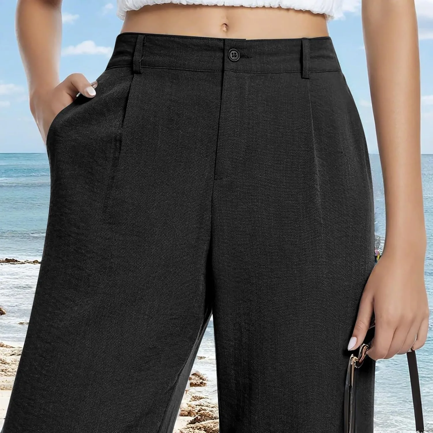 Wide Leg Linen Pants for Women Dressy Button Down High Waisted Palazzo Pants Summer Work Trousers Slacks with Pockets