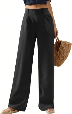 Wide Leg Linen Pants for Women Dressy Button Down High Waisted Palazzo Pants Summer Work Trousers Slacks with Pockets