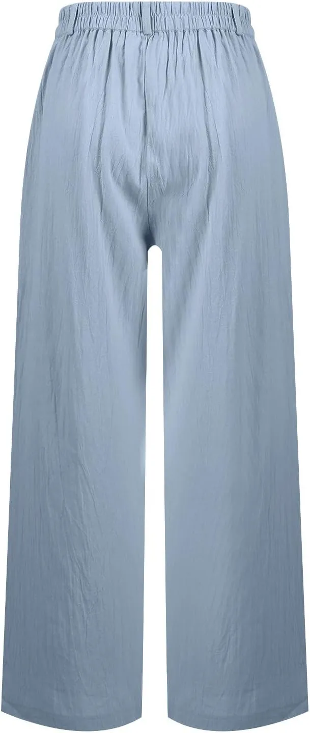 Wide Leg Linen Pants for Women Dressy Button Down High Waisted Palazzo Pants Summer Work Trousers Slacks with Pockets