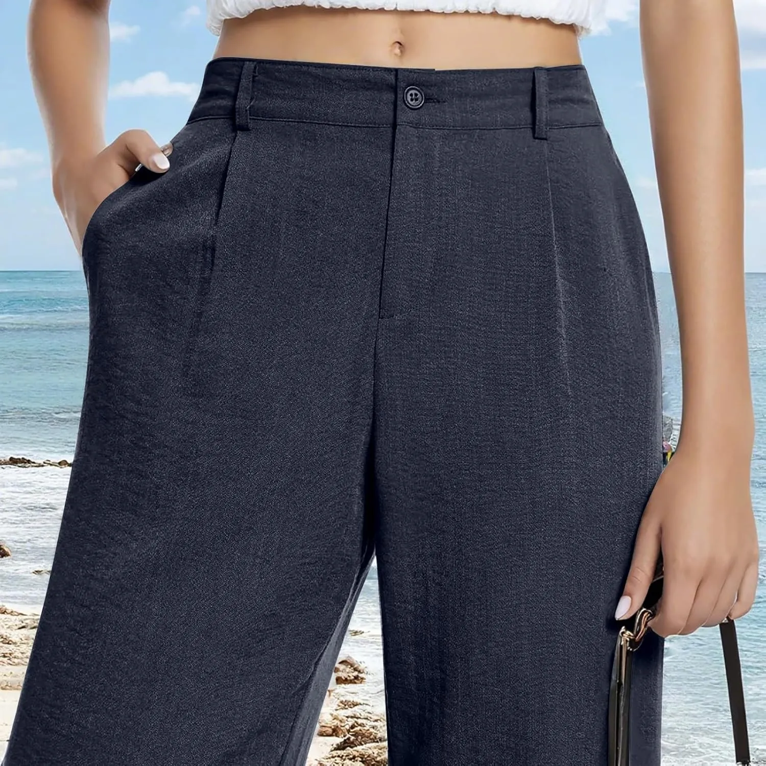 Wide Leg Linen Pants for Women Dressy Button Down High Waisted Palazzo Pants Summer Work Trousers Slacks with Pockets
