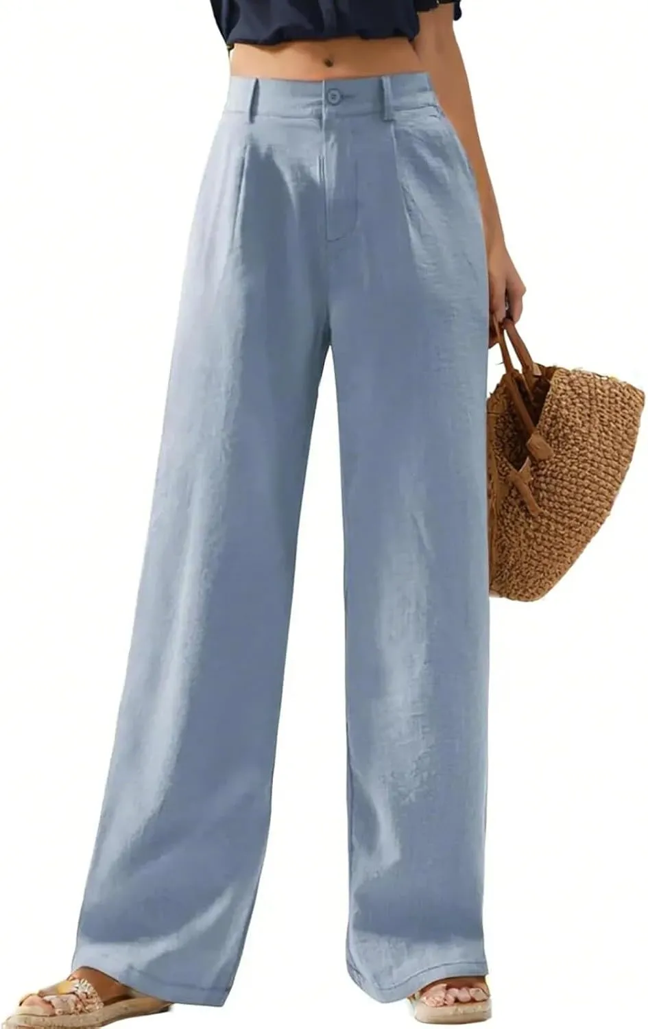 Wide Leg Linen Pants for Women Dressy Button Down High Waisted Palazzo Pants Summer Work Trousers Slacks with Pockets