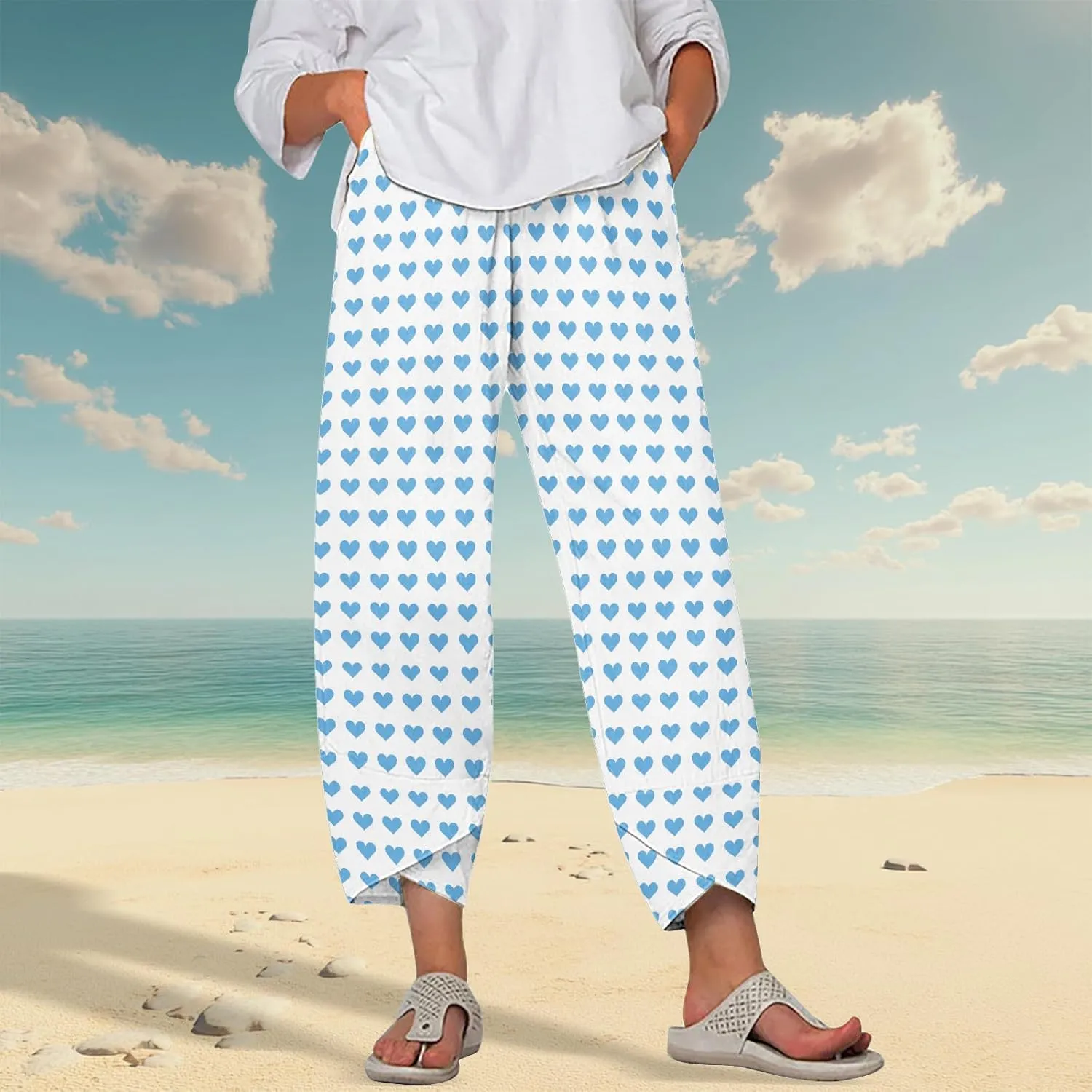 Wide Leg Linen Pants for Women Summer Casual Capri Pants Baggy Petite Palazzo Pants Lightweight Beach Trousers