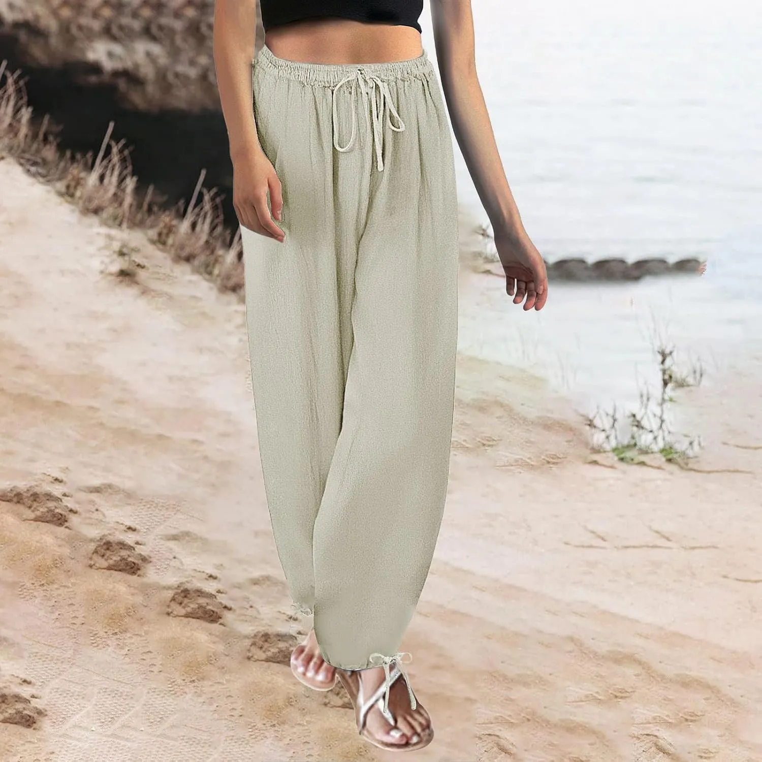 Wide Leg Palazzo Pants for Women High Waisted Adjustable Tie Knot Flowy Trousers Casual Loose Fit Lounge Pants