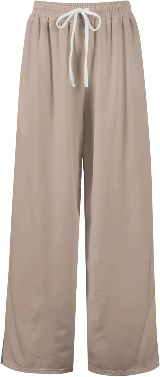 Wide Leg Pants for Women Casual Summer High Waistd Flowy Beach Pants Drawstring Elastic Waist Solid Pockets Trousers