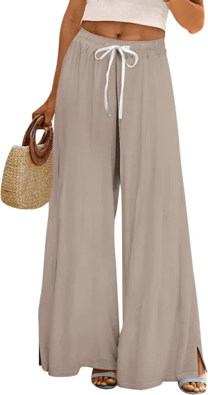 Wide Leg Pants for Women Casual Summer High Waistd Flowy Beach Pants Drawstring Elastic Waist Solid Pockets Trousers