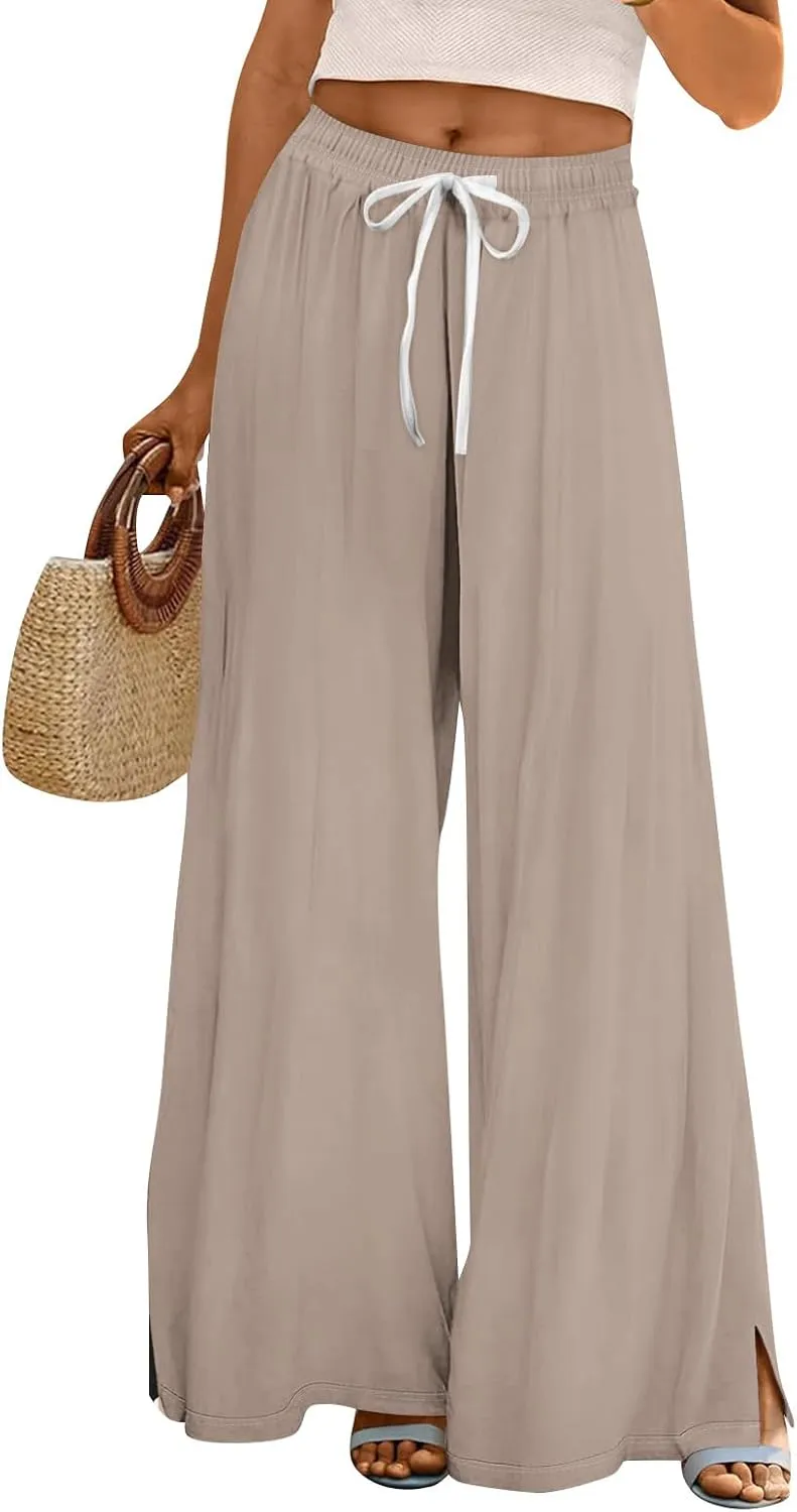 Wide Leg Pants for Women Casual Summer High Waistd Flowy Beach Pants Drawstring Elastic Waist Solid Pockets Trousers