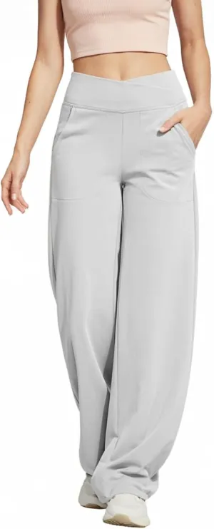 Wide Leg Pants for Women Crossover Waist Loose Yoga Athletic Joggers Pants with Pockets