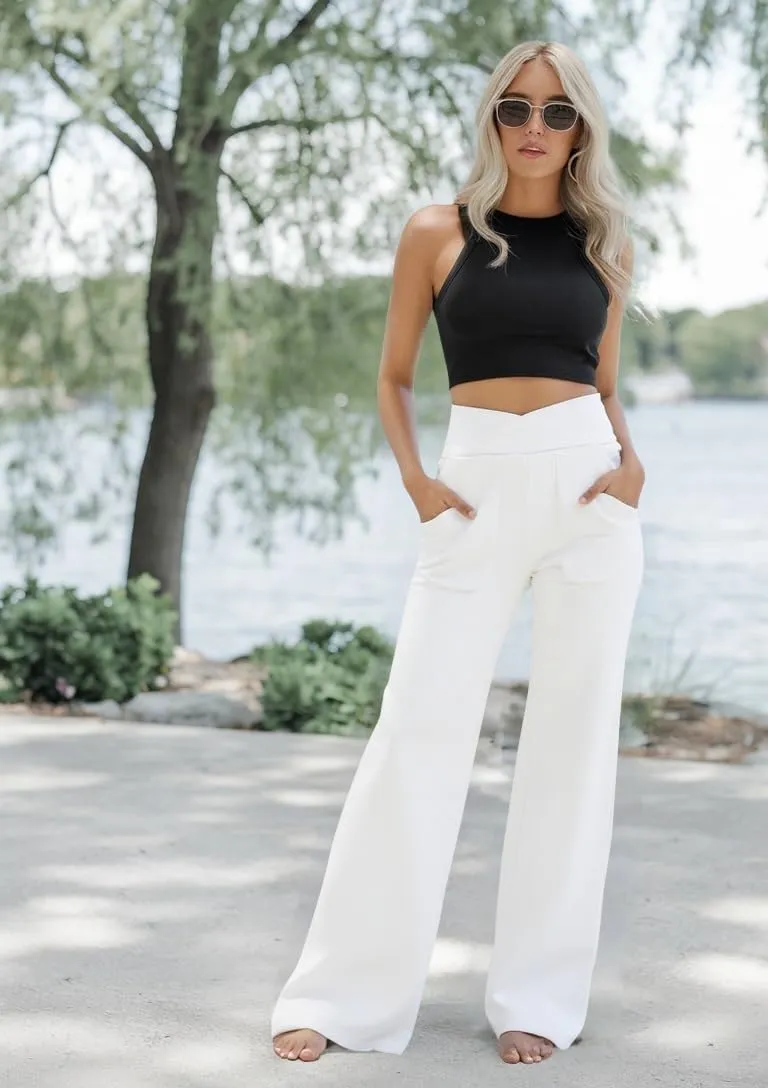 Wide Leg Pants for Women Crossover Waist Loose Yoga Athletic Joggers Pants with Pockets