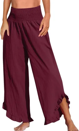 Wide Leg Pants for Women Linen Summer Elastic Waist Palazzo Pants High Waisted with Pockets Cropped Solid Trousers Wide Leg Pants for Women Linen Summer Elastic Waist Palazzo Pants High Waisted with Pockets Cropped Solid Trousers