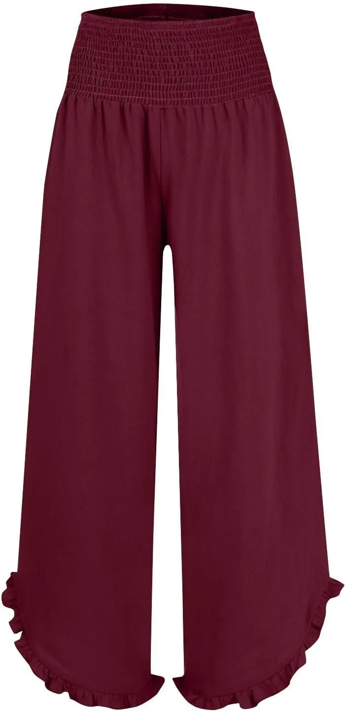 Wide Leg Pants for Women Linen Summer Elastic Waist Palazzo Pants High Waisted with Pockets Cropped Solid Trousers