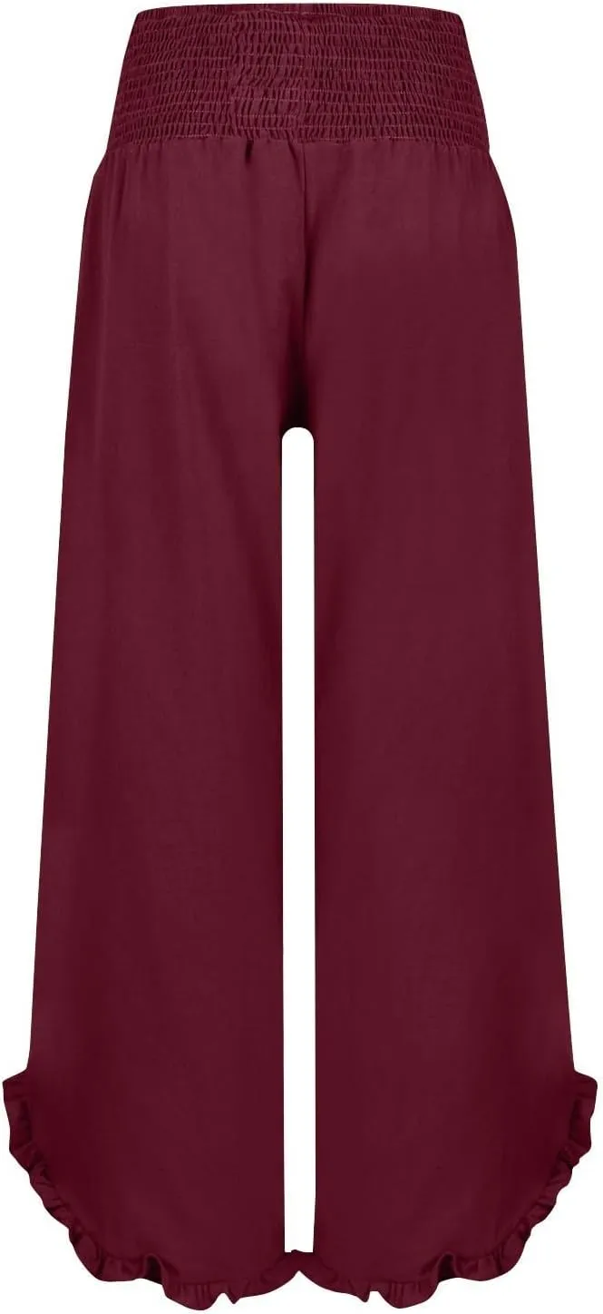Wide Leg Pants for Women Linen Summer Elastic Waist Palazzo Pants High Waisted with Pockets Cropped Solid Trousers