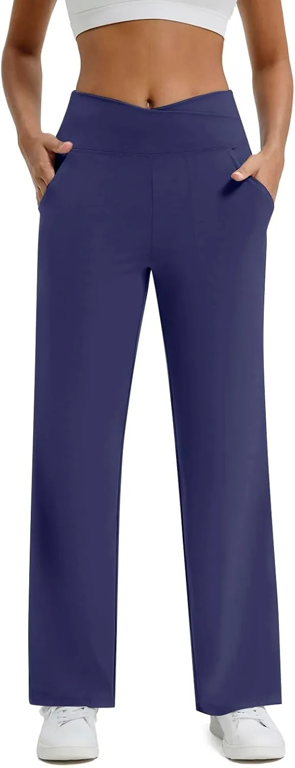 Wide Leg Yoga Pants for Women with Pockets Casual Crossover High Waisted Stretch Work Pants Comfy Loose Lounge Pants