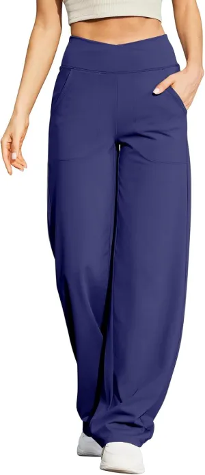 Wide Leg Yoga Pants for Women with Pockets Casual Crossover High Waisted Stretch Work Pants Comfy Loose Lounge Pants