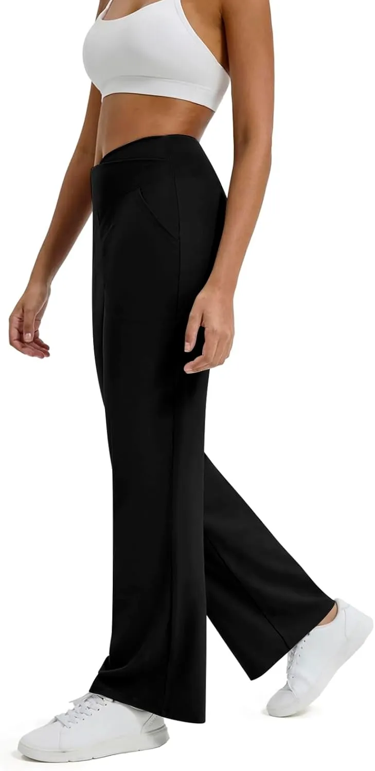 Wide Leg Yoga Pants for Women with Pockets Casual Crossover High Waisted Stretch Work Pants Comfy Loose Lounge Pants