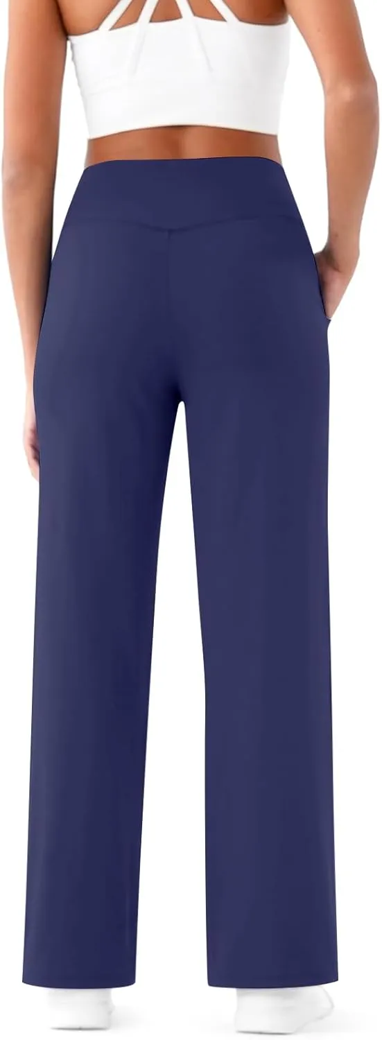 Wide Leg Yoga Pants for Women with Pockets Casual Crossover High Waisted Stretch Work Pants Comfy Loose Lounge Pants