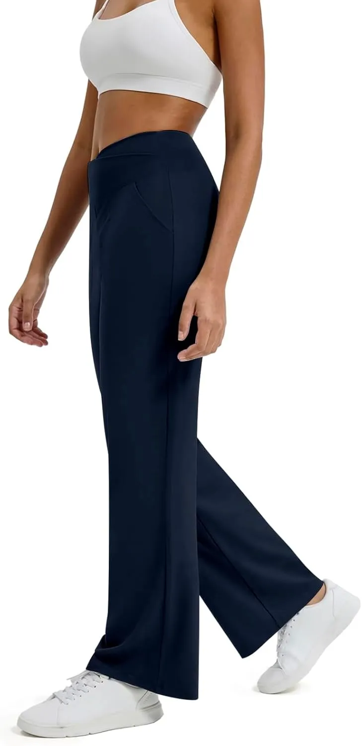 Wide Leg Yoga Pants for Women with Pockets Casual Crossover High Waisted Stretch Work Pants Comfy Loose Lounge Pants