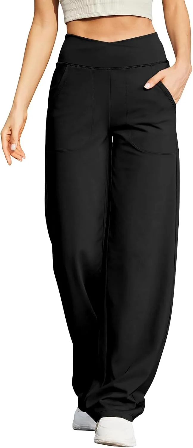 Wide Leg Yoga Pants for Women with Pockets Casual Crossover High Waisted Stretch Work Pants Comfy Loose Lounge Pants