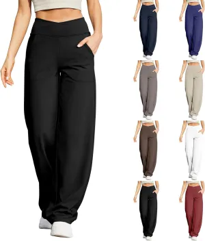 Wide Leg Yoga Pants for Women with Pockets Casual Crossover High Waisted Stretch Work Pants Comfy Loose Lounge Pants