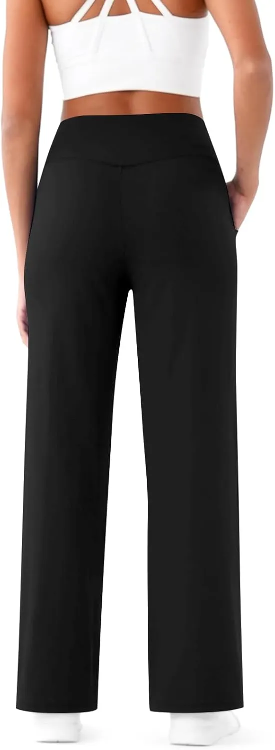 Wide Leg Yoga Pants for Women with Pockets Casual Crossover High Waisted Stretch Work Pants Comfy Loose Lounge Pants