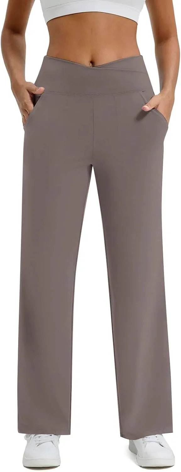 Wide Leg Yoga Pants for Women with Pockets Casual Crossover High Waisted Stretch Work Pants Comfy Loose Lounge Pants