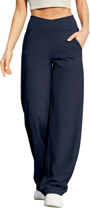 Wide Leg Yoga Pants for Women with Pockets Casual Crossover High Waisted Stretch Work Pants Comfy Loose Lounge Pants