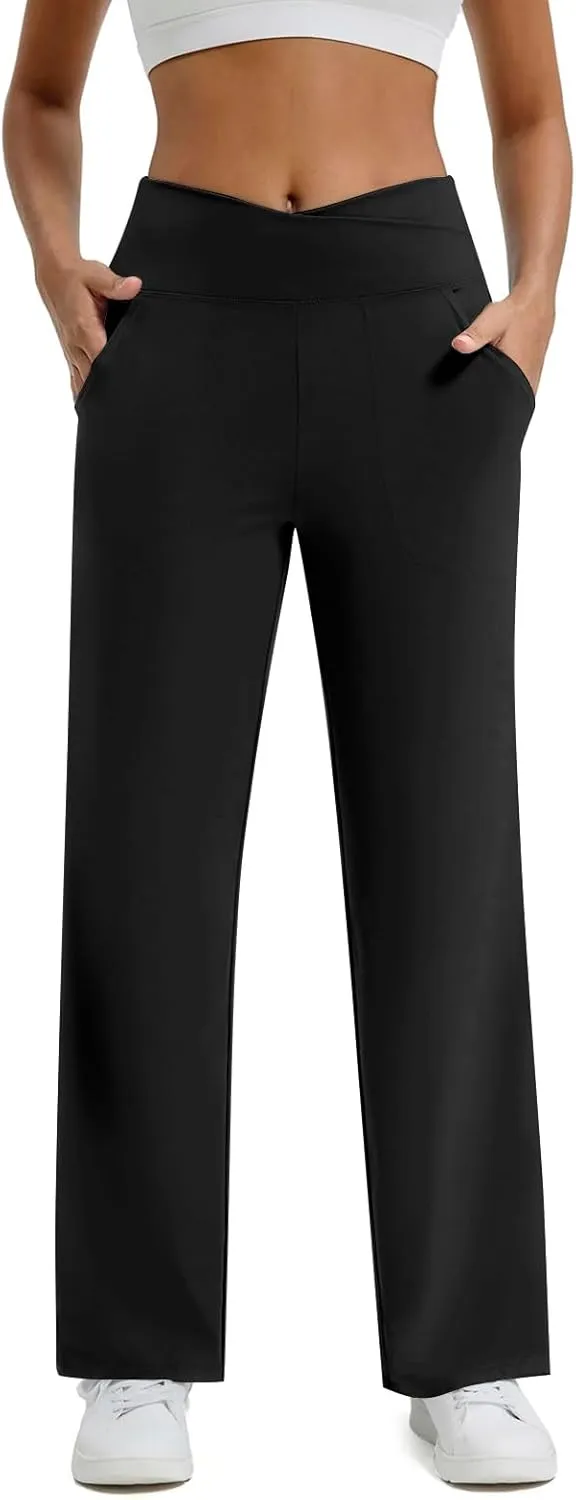 Wide Leg Yoga Pants for Women with Pockets Casual Crossover High Waisted Stretch Work Pants Comfy Loose Lounge Pants