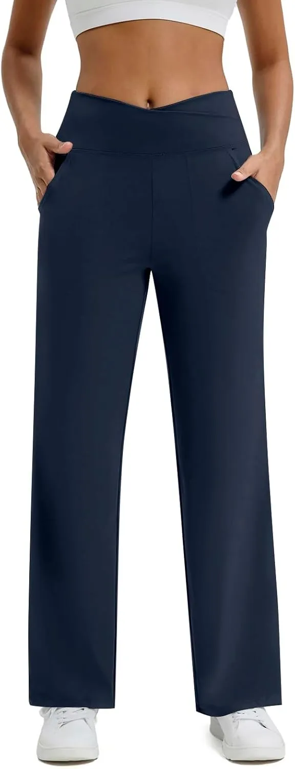 Wide Leg Yoga Pants for Women with Pockets Casual Crossover High Waisted Stretch Work Pants Comfy Loose Lounge Pants