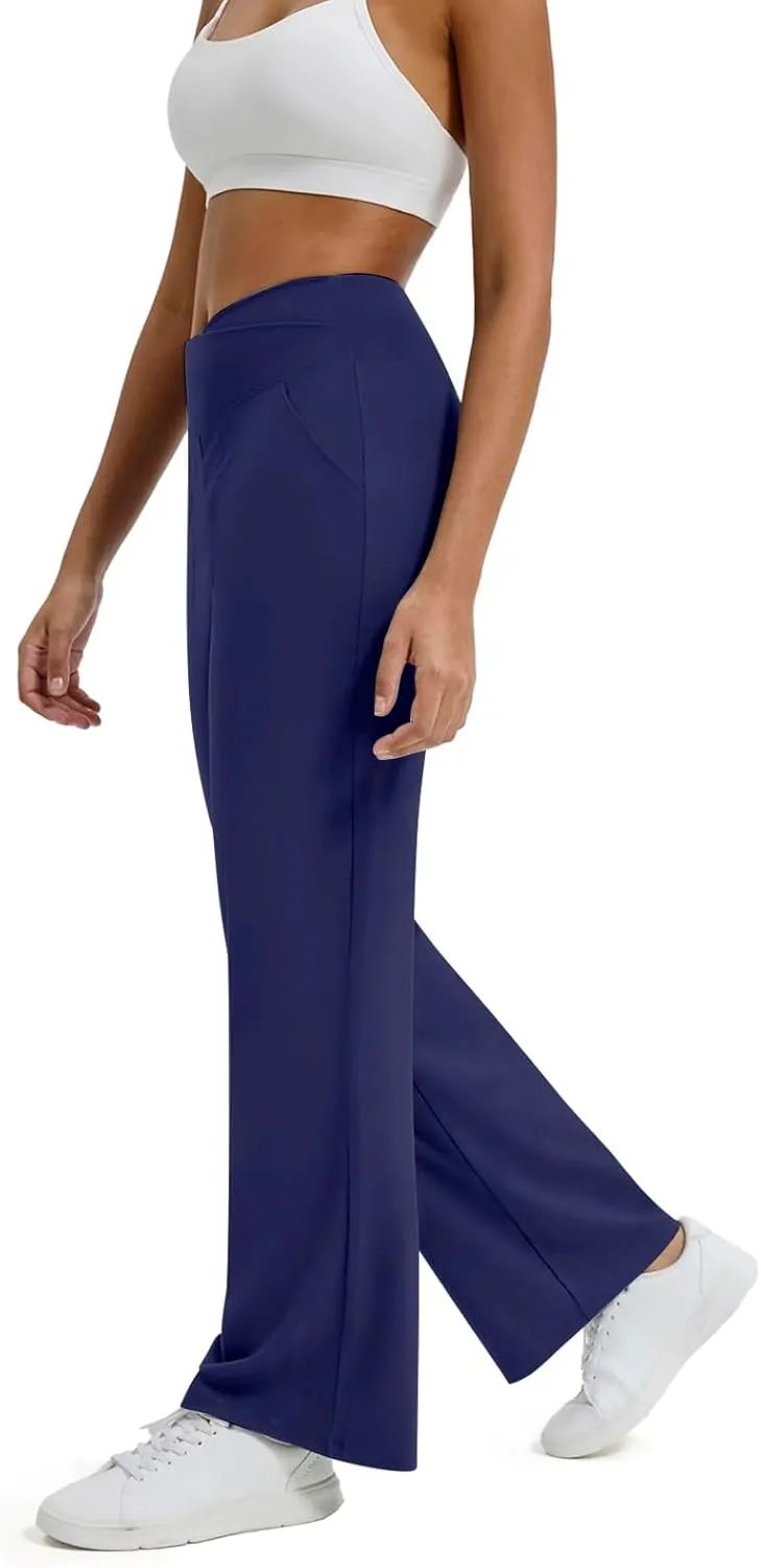 Wide Leg Yoga Pants for Women with Pockets Casual Crossover High Waisted Stretch Work Pants Comfy Loose Lounge Pants