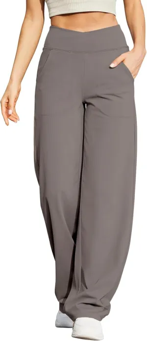 Wide Leg Yoga Pants for Women with Pockets Casual Crossover High Waisted Stretch Work Pants Comfy Loose Lounge Pants