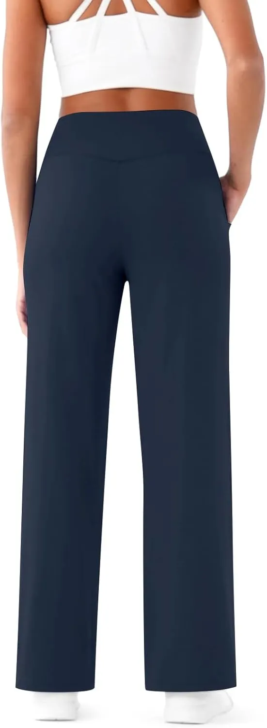 Wide Leg Yoga Pants for Women with Pockets Casual Crossover High Waisted Stretch Work Pants Comfy Loose Lounge Pants