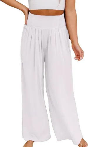 Women Casual High Waisted Cotton Linen Pants Loose Elastic Waist Beach Palazzo Pants Vacation Trouser with Pocket