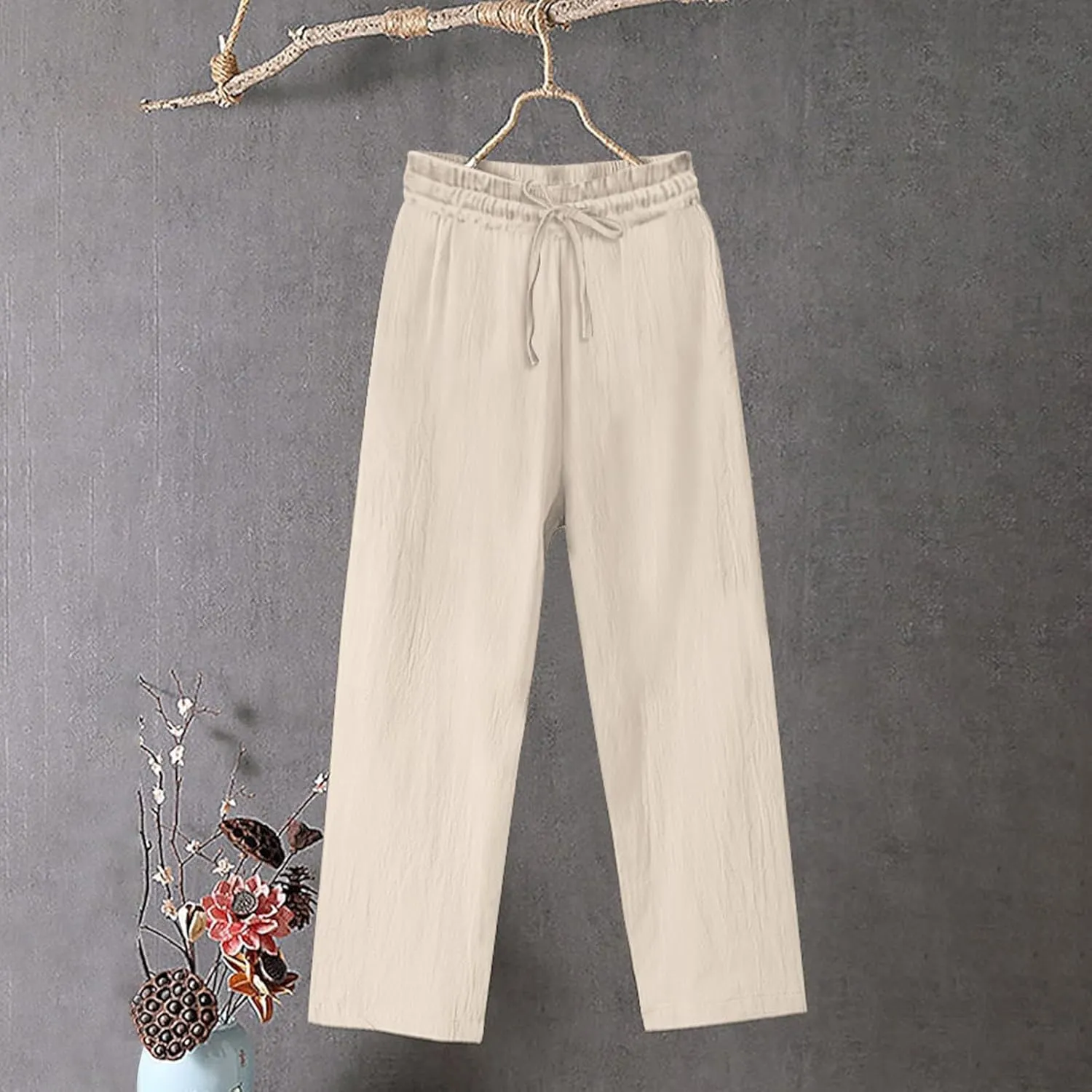 Women Cotton Linen Casual Pants, Summer Lightweight Loose Going Out Trendy Clothes Fashion Breathable Vacation Trousers