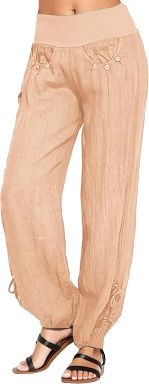 Women Cotton Linen Summer Flowy Pant Trousers High Waist Ankle Length Plus Size Trouser Business Work