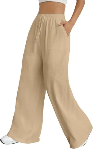 Women Cotton Linen Summer Y2K Fashion Pants Elastic Waist Wide Leg Loose Fit Palazzo Lounge Pants Beach