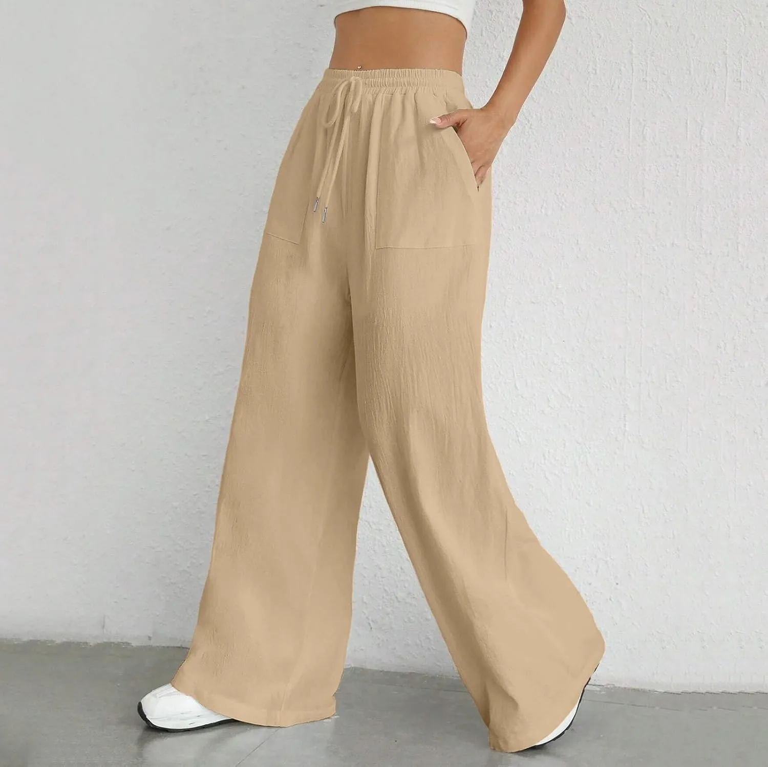 Women Cotton Linen Summer Y2K Fashion Pants Elastic Waist Wide Leg Loose Fit Palazzo Lounge Pants Beach