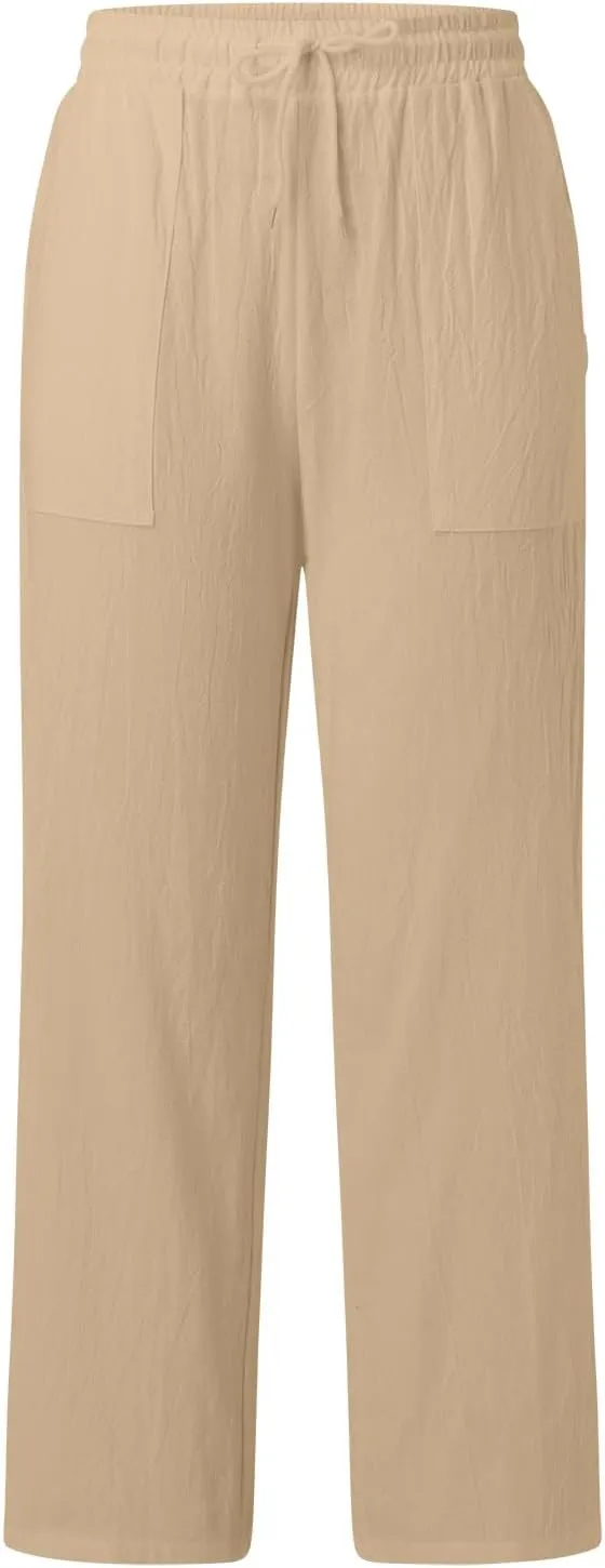 Women Cotton Linen Summer Y2K Fashion Pants Elastic Waist Wide Leg Loose Fit Palazzo Lounge Pants Beach