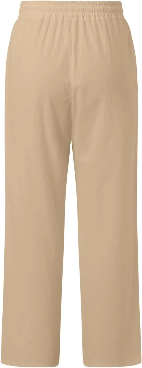 Women Cotton Linen Summer Y2K Fashion Pants Elastic Waist Wide Leg Loose Fit Palazzo Lounge Pants Beach