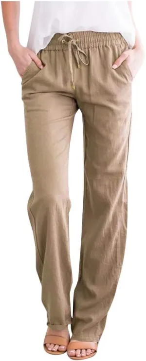 Women High Waist Linen Pant Trendy Boho Flowy Straight Leg Cuffed Trousers Hip Hop Athletic Palazzo Casual Sweatpants