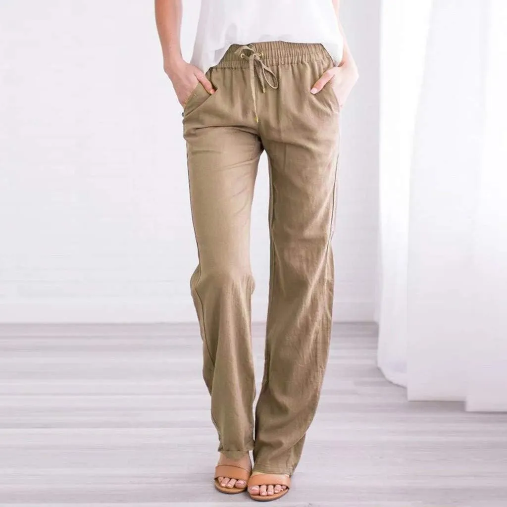 Women High Waist Linen Pant Trendy Boho Flowy Straight Leg Cuffed Trousers Hip Hop Athletic Palazzo Casual Sweatpants